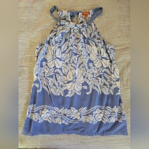 Tommy Bahama Relax Slvless Halter Top Blue/White Hawaiian Tropical Floral Sz L